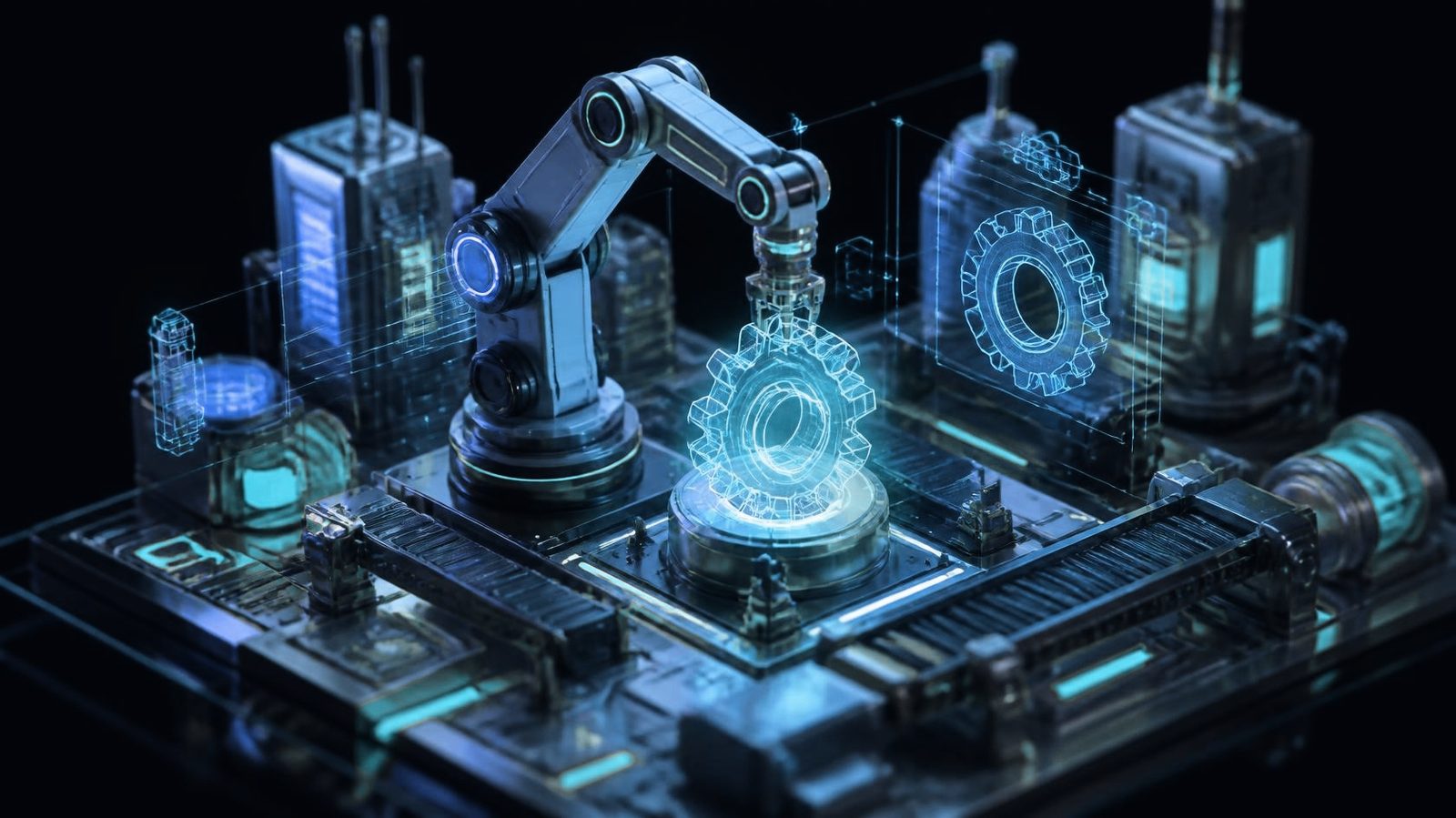 Illustration: Industrieroboter in einer stilisierten Fertigungsanlage