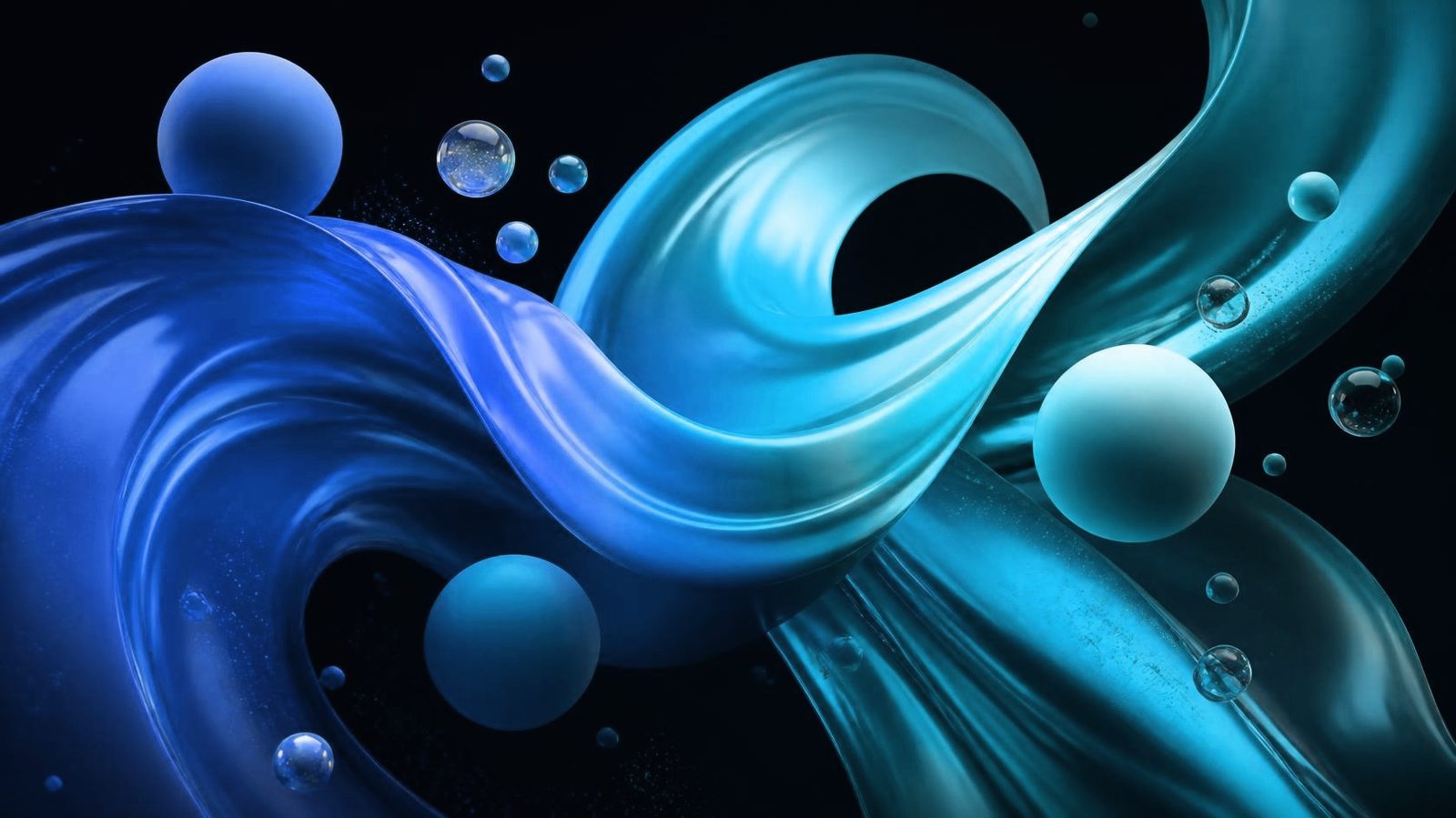 Abstrakte Illustration aus blauen, fließenden Formen und Kugeln